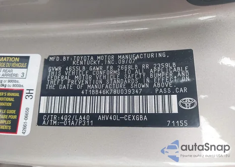 2008 Toyota Camry Hybrid из США, поврежденный, VIN 4T1BB46K78U039347